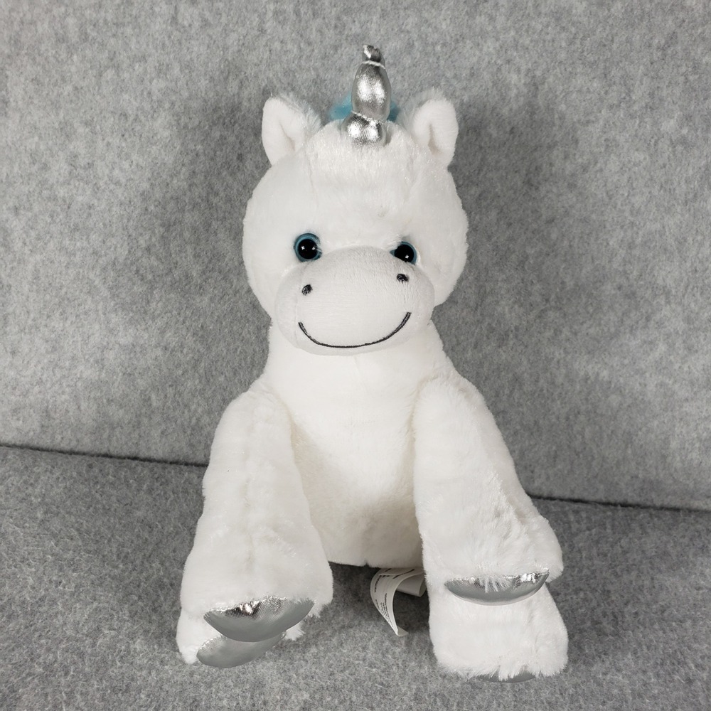 White Plush Unicorn Stuffed Animal Silver Horn Blue Mane Tail Cute Toy‎